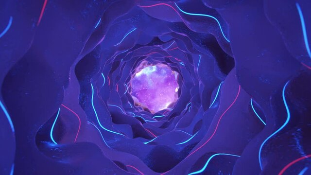 Cosmic wormhole portal with flashing ultraviolet neon lights. Abstract futuristic design. Seamless loop 3D render animation with depth of field