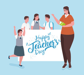 happy teachers day, with woman teacher and group students vector illustration design