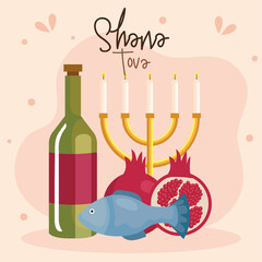 rosh hashanah celebration, jewish new year, with chandelier, fish, pomegranate and bottle wine vector illustration design