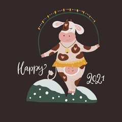 Christmas cute cartoon cow vector illustration with hand drawn lettering - Happy 2021. Animal card with winter garland decorations. New Year poster. 