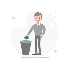 man throws trash in the trash vector flat illustration on white