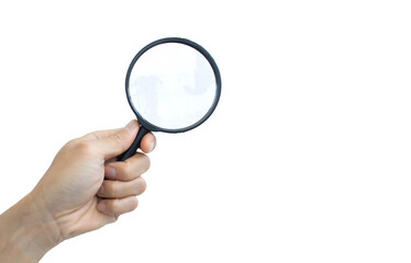 Information search idea: hand and magnifying glass on white background with writing or design space.