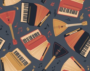 Seamless pattern with accordion,guitar, balalaika and sheet music. International Music Day. Vector musical instrument set. Freehand doodle elements