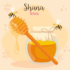 rosh hashanah celebration, jewish new year, with honey bottle and bees flying vector illustration design