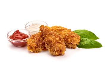 Fried chicken strips in breadcrumbs, isolated on white background