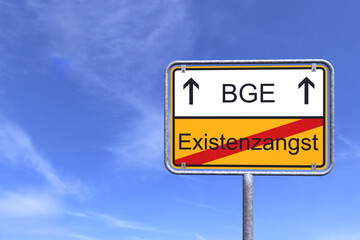 3d Illustation - Ortsschild - Ortstafel - Existenzangst - Bedingungsloses Grundeinkommen BGE - Himmel - Wolken