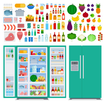 Image of a green refrigerator and food in and around it illustration in a flat design.