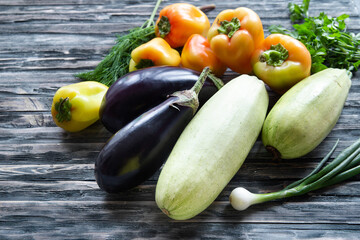 Organic harveest concept. Healthy raw vegan vegetables and herbs. Healthy food, clean eating, vegeterian food. Flat lay