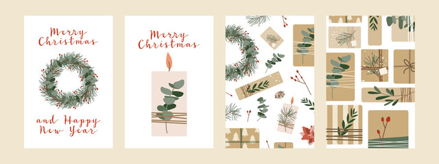 Set of different christmas cards, invitation. Presents in kraft paper and wreaths. Rustic gift box. Eco decoration. Xmas and New 2021 Year celebration preparation. Vector flat cartoon style