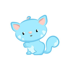 Cute kitten in pastel blue isolated on white background. Friendly cat vector character. Domestic pet simple icon