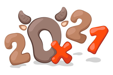 2021 and Ox letters with bull horns, cartoon vector illustration on white background. 2021 New Year label