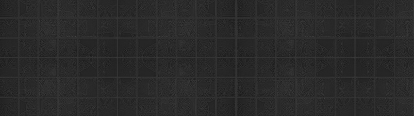 Seamless black anthracite vintage retro geometric square mosaic motif cement concrete stone tiles texture wide background banner panorama