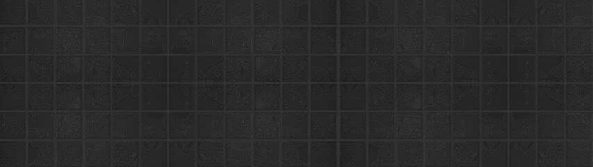 Seamless black anthracite vintage retro geometric square mosaic motif cement concrete stone tiles texture wide background banner panorama