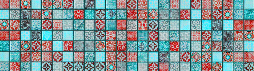 Colorful abstract aquamarine green red ( complementary colors ) vintage retro geometric square...