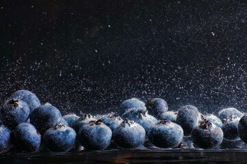 Water drops on ripe sweet blueberry. Fresh blueberries background with copy space for your text. Vegan and vegetarian concept.