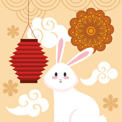chinese mid autumn festival with bunny, lantern hanging, mooncake, flowers and clouds vector illustration design