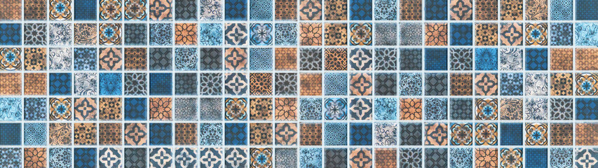 Colorful abstract blue orange ( complementary colors ) vintage retro geometric square mosaic motif tiles texture background banner panorama	
