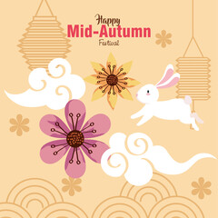 chinese mid autumn festival with rabbit, flowers, clouds and lanterns hanging vector illustration design