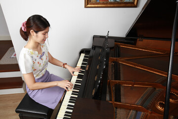Beautiful musical teacher Beautiful woman playing piano © naraichal