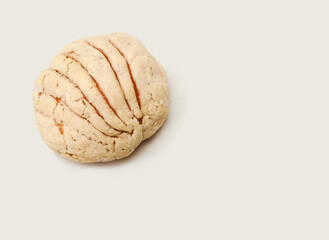 sweet bread called vanilla concha, Mexican bakery, white background. copy space
