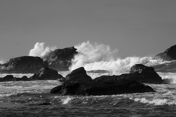 Ocean meeting a rocky shore in black and white