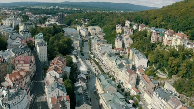 Top aerial view at the streets and the river of Carlsbad (Karlovy Vary), Czech Republic

