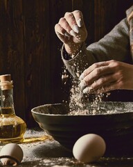 women's hands over the bowl sprinkle flour, eggs and butter next to it