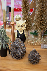 Decorated brown Christmas tree, sparkling and fairy background with color ball