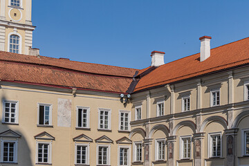 Fototapeta na wymiar Fragments of Vilnius University building. Founded in the 16th century, Vilnius University is the oldest university in the Baltic states. Vilnius, Lithuania.