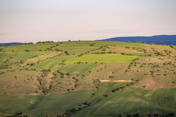 Obraz premium Aerial view of endless lush pastures and farmlands of Turkey. Rural landscape on sunset.