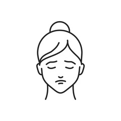 Human feeling depression line black icon. Face of a young girl depicting emotion sketch element. Cute character on white background.