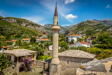 A view from the ramparts of the old fortress in Stari Bar, Montenegro of the clock tower and the...