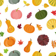 A seamless pattern of colorful pumpkins  and autumn leaves in a flat style on a white  background. Perfect for autumn wrapping paper, screensavers, textiles, Halloween card, wallpapers