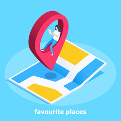 isometric vector image on a blue background, girl on a location icon in the middle of a paper map, favorite places on the map app