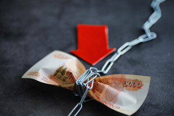 Business concept. The depreciation of the national currency. Bill with the inscription 