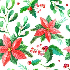 Fotobehang Kerst aquarel naadloze patroon. Poinsettia, Maretak, Hulst, bladeren, bessen, groene twijgen op witte achtergrond. © lyubovyaya