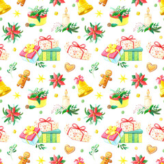 Christmas watercolor seamless pattern.Red poinsettia flower,Holly,candle,pine,green spruce,bow,gift box,gingerbread on white background.Hand-drawn Winter