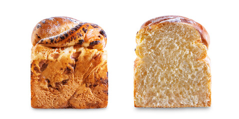 Pull Apart Bread with chocolate drops and powdered sugar on a white isolated background
