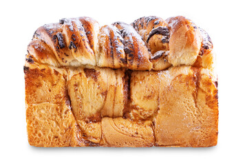 Pull Apart Bread with chocolate drops and powdered sugar on a white isolated background