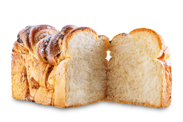 Pull Apart Bread with chocolate drops and powdered sugar on a white isolated background