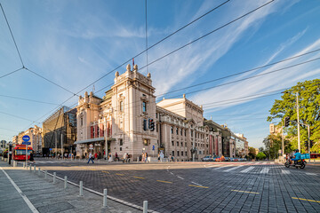 Fototapeta na wymiar Belgrade, Serbia - August 27, 2020: Building of National theatre in Belgrade on august 27, 2020.
