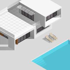Smart modern home 3d icon. Isometric white house with pool and lounge deck chair. 3D illustration