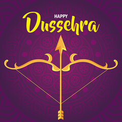 happy dussehra festival and golden arrow and arch on purple background vector illustration design