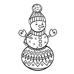 Funny Christmas snowman with abstract patterns, coloring page