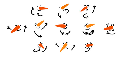 Funny snowman faces - vector set. The heads of the snowmen. Doodle style. Isolated on a white background . Faces with different emotions . Christmas and New year.