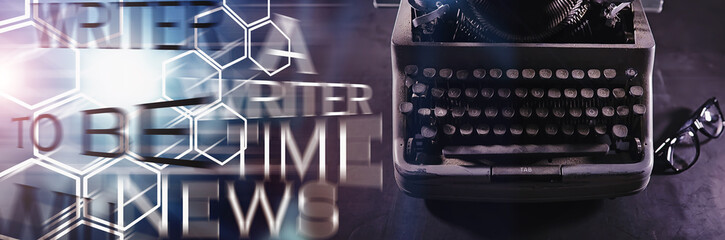 Vintage journalist tool. Typewriter retro. The writer is at work. Seal of the novel. Journalist...