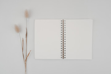 Blank spiral bound sketchbook or journal or diary with Rabbit tail dry flower. Mock-up of...