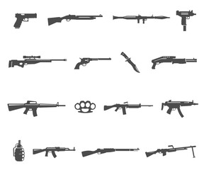 Firearm, mine, grenade, knife icons set isolated on white. Gun, pistol, rifle pictograms.