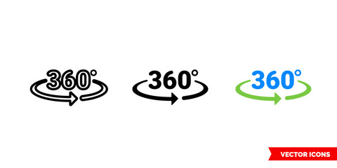 360 degrees icon of 3 types color, black and white, outline. Isolated vector sign symbol.