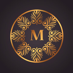 gold luxury letter M in frame circular vector illustration design